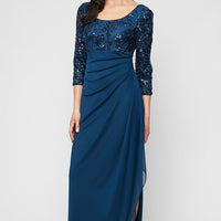 Petite Long Scoop Neck Empire Waist Stretch Sequin Dress with Mesh Cascade Detail Skirt