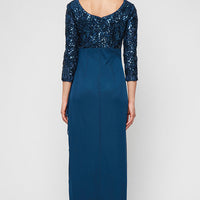 Petite Long Scoop Neck Empire Waist Stretch Sequin Dress with Mesh Cascade Detail Skirt