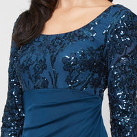 Petite Long Scoop Neck Empire Waist Stretch Sequin Dress with Mesh Cascade Detail Skirt