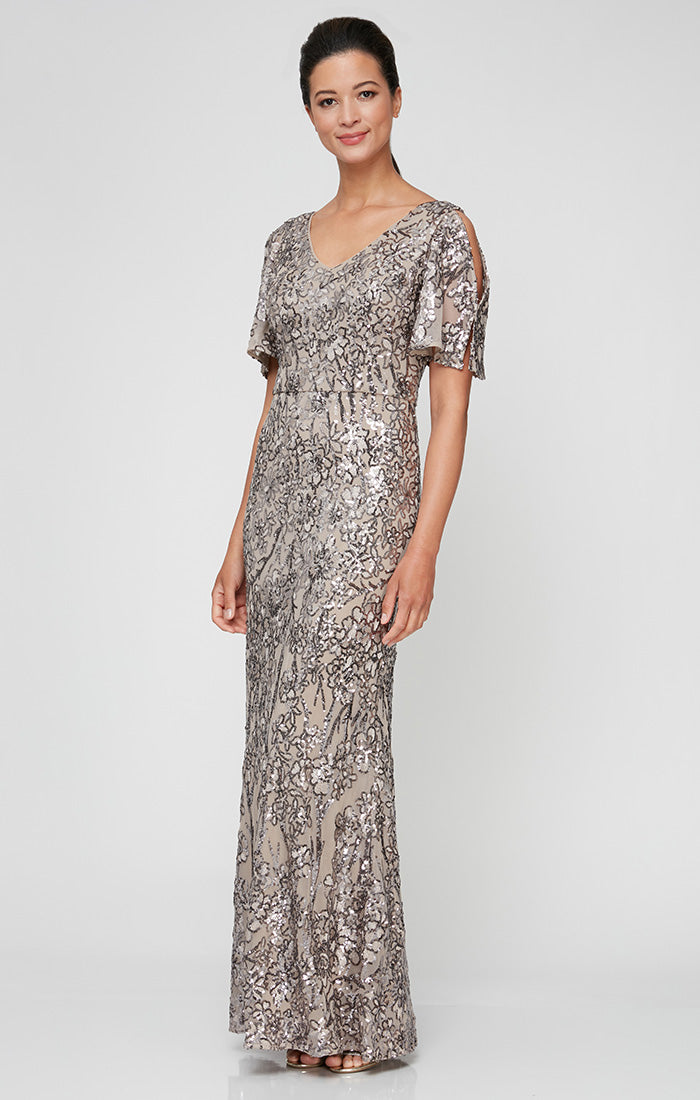 Petite Caroline Flutter Sleeve Sequin Gown
