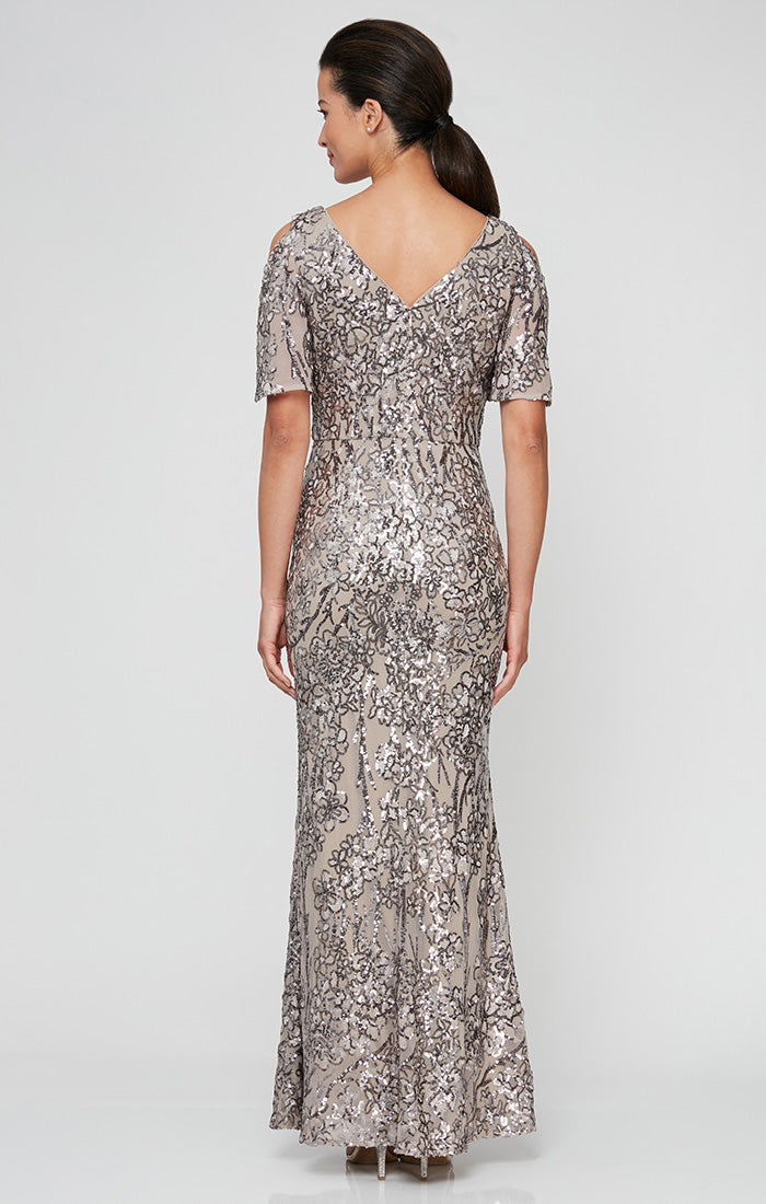 Petite Caroline Flutter Sleeve Sequin Gown