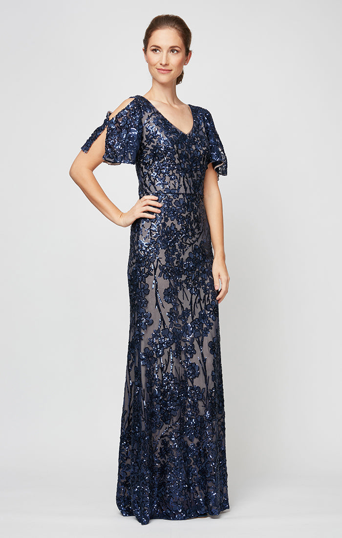 Petite Caroline Flutter Sleeve Sequin Gown