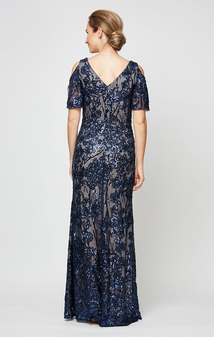 Petite Caroline Flutter Sleeve Sequin Gown
