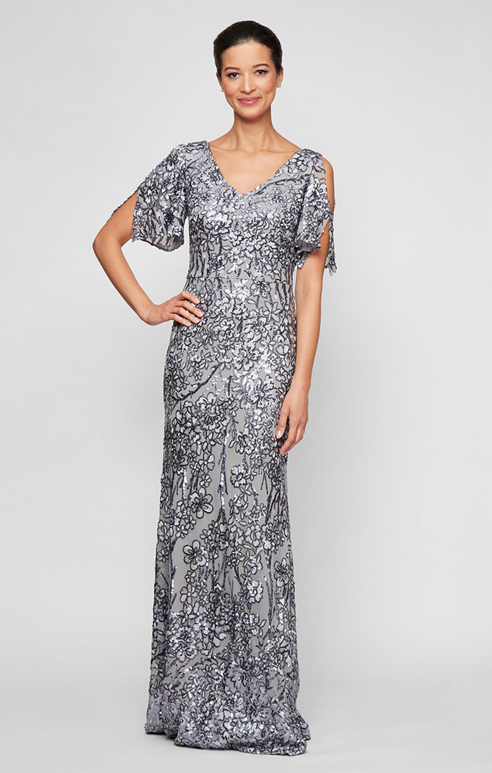 Petite Caroline Flutter Sleeve Sequin Gown