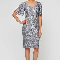 Regular - V-Neck Sequin Cocktail Dress with Cold Shoulder Flutter Sleeves