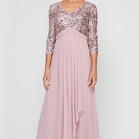 Long A-Line V-Neck Sequin Lace & Chiffon Gown with Empire Waistline