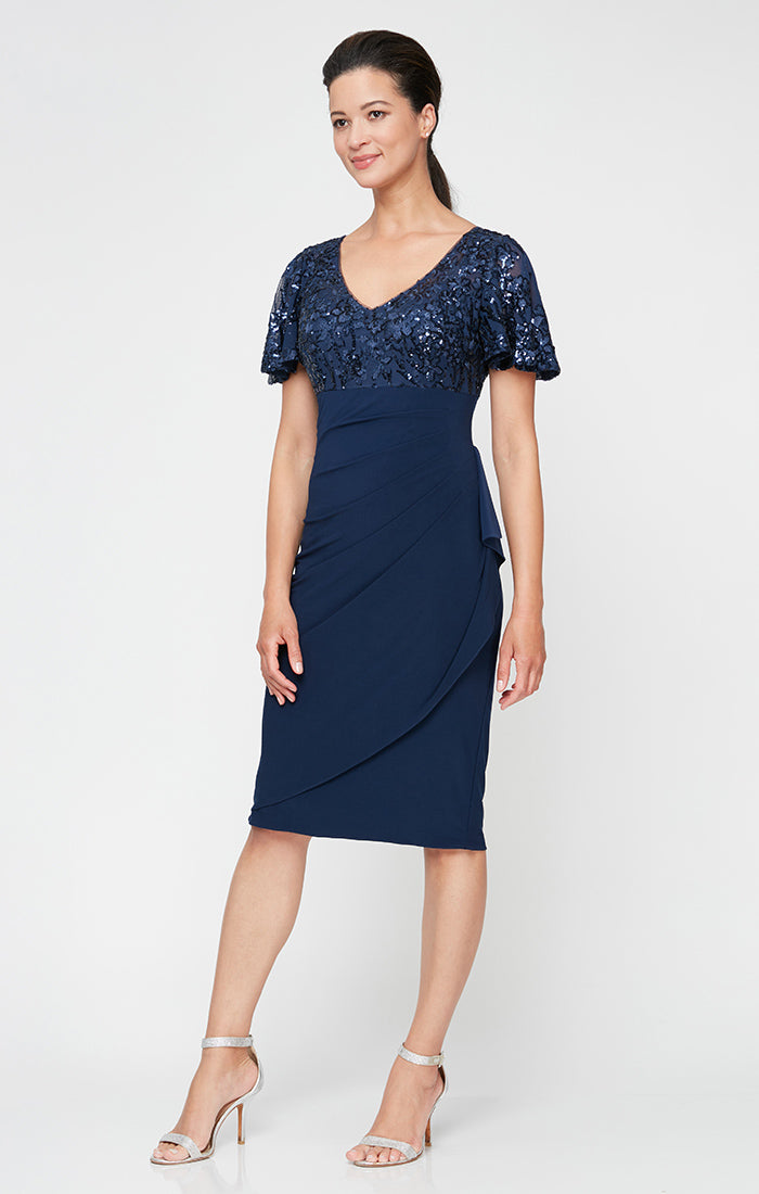 Petite Empire Waist Sheath Dress with Flutter Sleeves and Cascade Detail Skirt