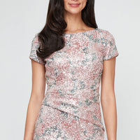 Printed Stretch Sequin Column Dress with Short Sleeves and Ruched Waist