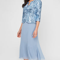 Petite Tea Length Stretch Crepe Sequin Mock Jacket Dress with Square Neckline, Chiffon Skirt and Center Front Button Closure