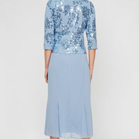 Plus Tea Length Stretch Crepe Sequin Mock Jacket Dress with Square Neckline, Chiffon Skirt and Center Front Button Closure