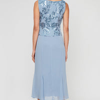 Petite Tea Length Stretch Crepe Sequin Mock Jacket Dress with Square Neckline, Chiffon Skirt and Center Front Button Closure