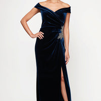 Petite Long Off the Shoulder Fit and Flare Dress With Surplice Sweetheart Neckline, Beaded Hip Detail and Front Slit