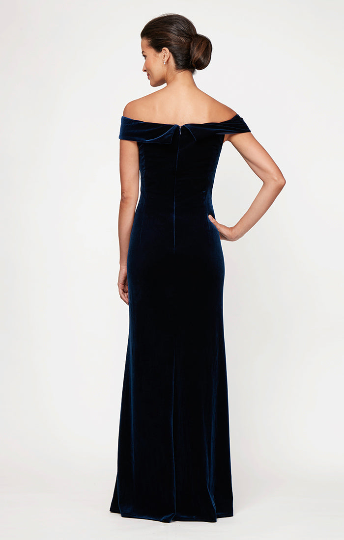 Petite Long Off the Shoulder Fit and Flare Dress With Surplice Sweetheart Neckline, Beaded Hip Detail and Front Slit
