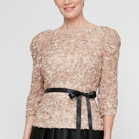 Petite 3/4 Sleeve Soutache Blouse with Puff Shoulder Sleeve Detail, Illusion Neckline and Tie Belt