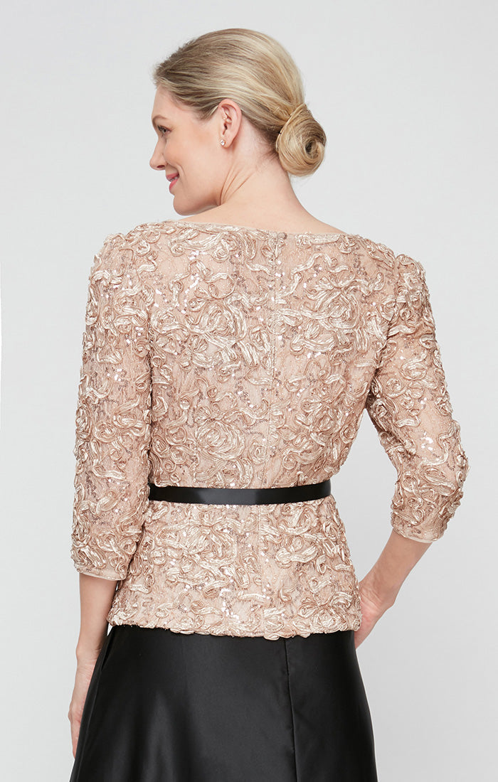 Petite 3/4 Sleeve Soutache Blouse with Puff Shoulder Sleeve Detail, Illusion Neckline and Tie Belt