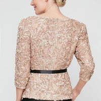 Petite 3/4 Sleeve Soutache Blouse with Puff Shoulder Sleeve Detail, Illusion Neckline and Tie Belt