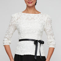 3/4 Sleeve Soutache Blouse with Puff Shoulder Sleeve Detail, Illusion Neckline & Tie Belt