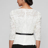 3/4 Sleeve Soutache Blouse with Puff Shoulder Sleeve Detail, Illusion Neckline & Tie Belt