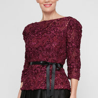 3/4 Sleeve Soutache Blouse with Puff Shoulder Sleeve Detail, Illusion Neckline & Tie Belt