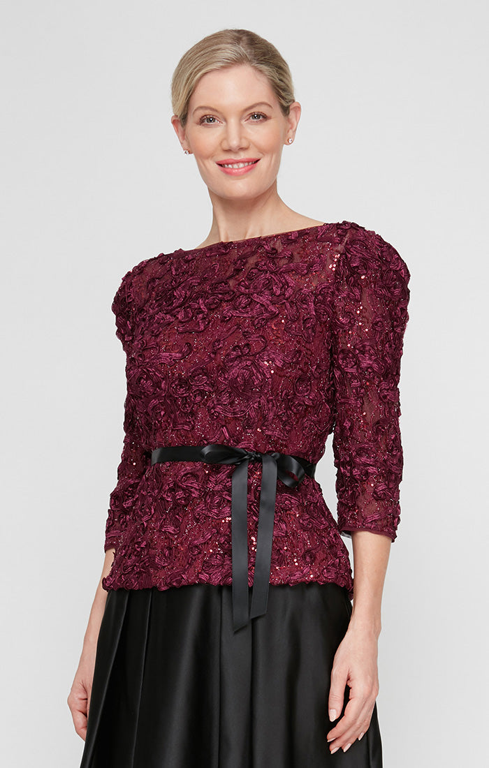 Petite 3/4 Sleeve Soutache Blouse with Puff Shoulder Sleeve Detail, Illusion Neckline and Tie Belt