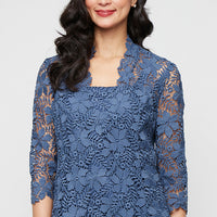 3/4 Sleeve Lace Twinset with Square Neck Tank, Open Jacket and Scallop Detail