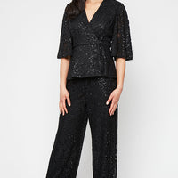 3/4 Sleeve Sequin Stretch Lace Side Closure Blouse with A-Line Sleeves