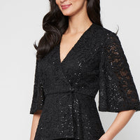 3/4 Sleeve Sequin Stretch Lace Side Closure Blouse with A-Line Sleeves