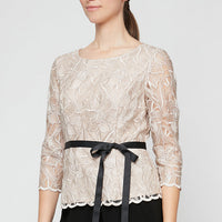 Embroidered Stretch Tulle Blouse with Scallop Detail, Illusion Sleeves and Tie Belt