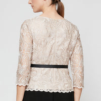 Embroidered Stretch Tulle Blouse with Scallop Detail, Illusion Sleeves and Tie Belt
