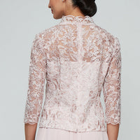 3/4 Sleeve Corded Embroidered Blouse with Center Front Scallop Detail and Illusion Sleeves