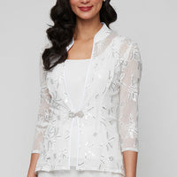 Plus 3/4 Sleeve Embroidered Twinset with Square Neck Chiffon Tank and Embellished Closure Jacket