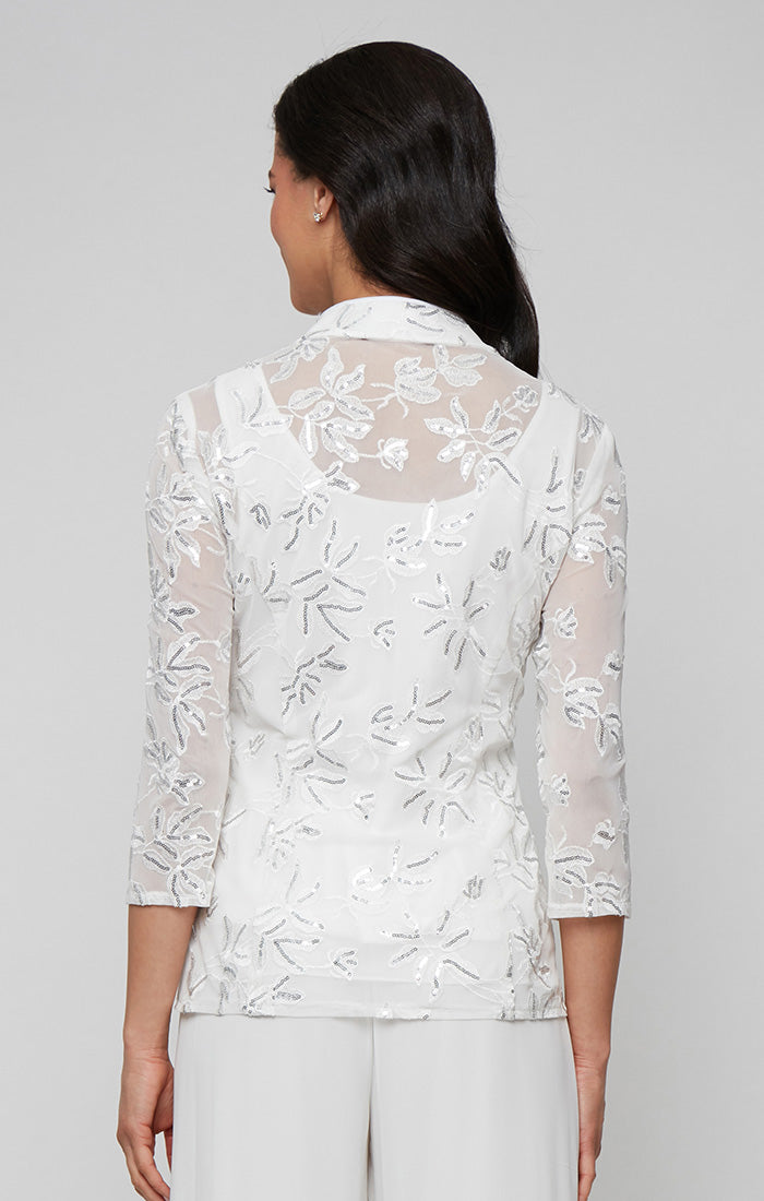 Plus 3/4 Sleeve Embroidered Twinset with Square Neck Chiffon Tank and Embellished Closure Jacket