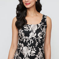 3/4 Sleeve Embroidered Tulle Twinset with Scoop Neck Tank and Elongated Center Front Closure Jacket