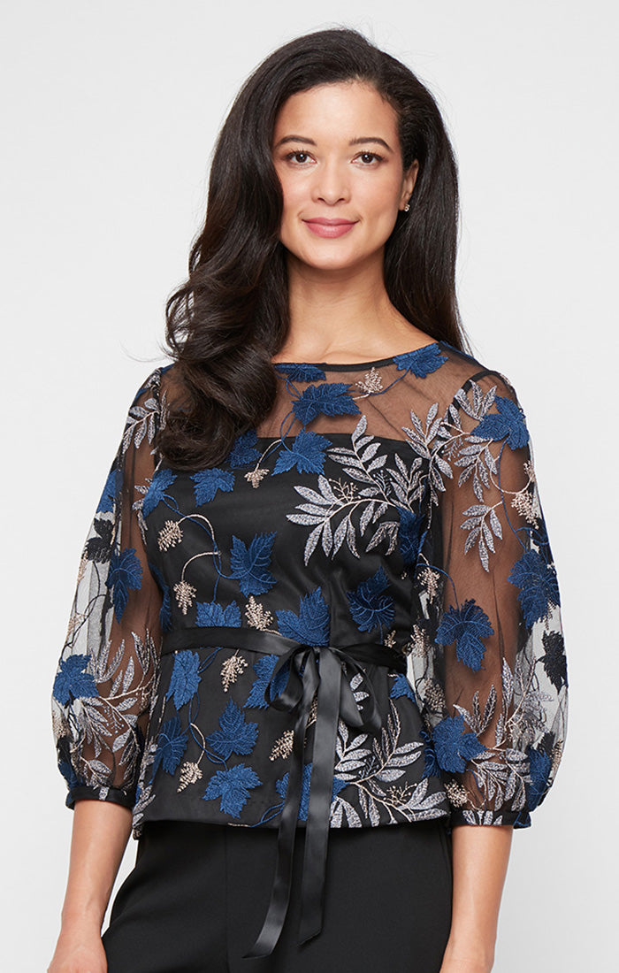 Petite 3/4 Sleeve Embroidered Blouse with Illusion Neckline, Bubble Hem Sleeves and Tie Belt
