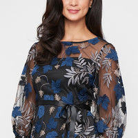 Petite 3/4 Sleeve Embroidered Blouse with Illusion Neckline, Bubble Hem Sleeves and Tie Belt