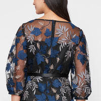 Petite 3/4 Sleeve Embroidered Blouse with Illusion Neckline, Bubble Hem Sleeves and Tie Belt