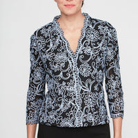 Petite 3/4 Sleeve Embroidered Blouse with Center Front Scallop Detail and Illusion Sleeves