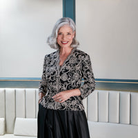 Petite 3/4 Sleeve Embroidered Blouse with Center Front Scallop Detail and Illusion Sleeves