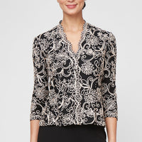 Embroidered Blouse with Center Front Scallop Detail and Illusion Sleeves