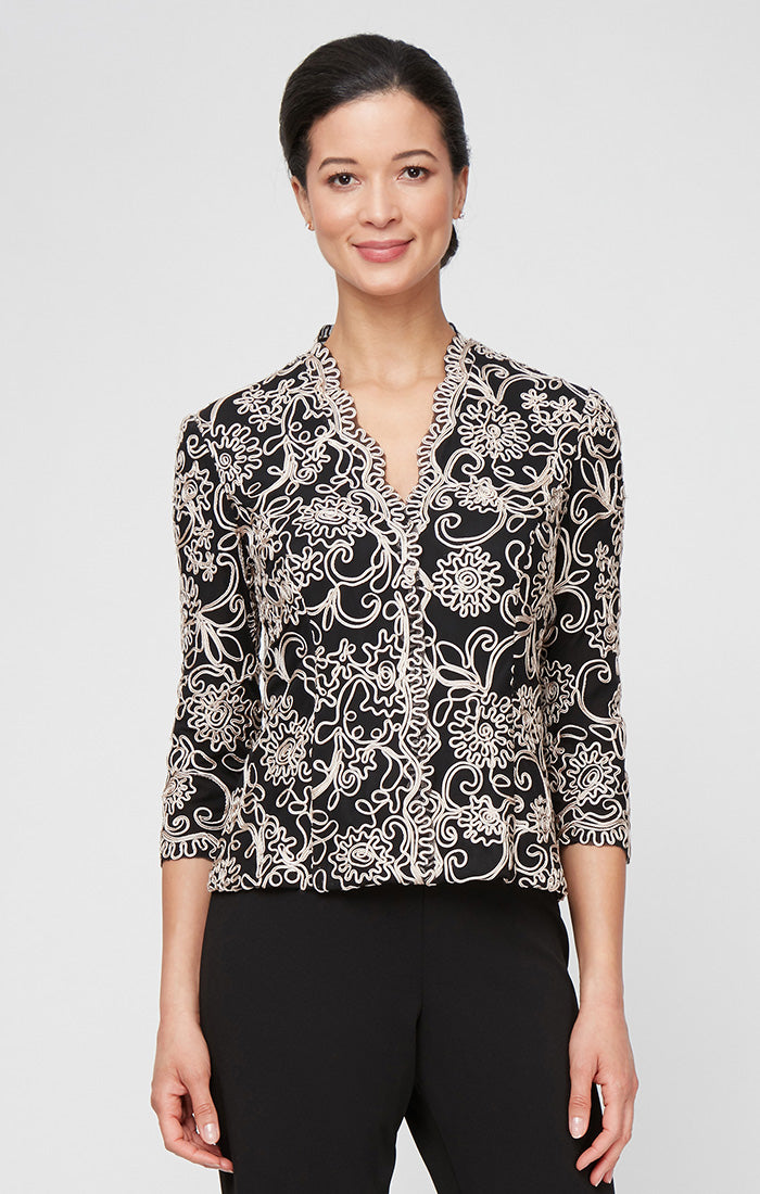 Petite 3/4 Sleeve Embroidered Blouse with Center Front Scallop Detail and Illusion Sleeves