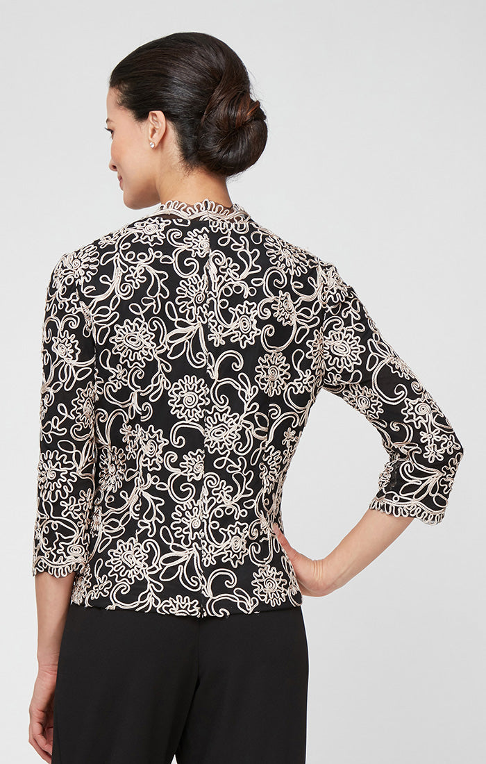 Petite 3/4 Sleeve Embroidered Blouse with Center Front Scallop Detail and Illusion Sleeves