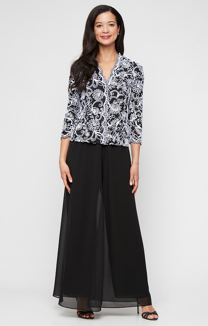 Embroidered Blouse with Center Front Scallop Detail and Illusion Sleeves