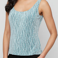 Plus Printed Mandarin Neck Glitter Knit Twinset with Scoop Neck Tank and Satin Piping Detail