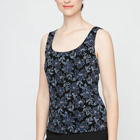 Regular - 3/4 Sleeve Printed Mandarin Neck Glitter Knit Twinset with Scoop Neck Tank and Hook Neck Closure Jacket