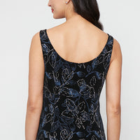 3/4 Sleeve Printed Glitter Slinky Knit Twinset with Scoop Neck Tank and Hook Neck Closure Jacket