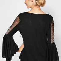 Metallic Knit Blouse With Beaded Illusion Detail and Cascade Bell Sleeves