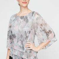 3/4 Sleeve Metallic Printed Blouse with Asymmetric Triple Tier Hem