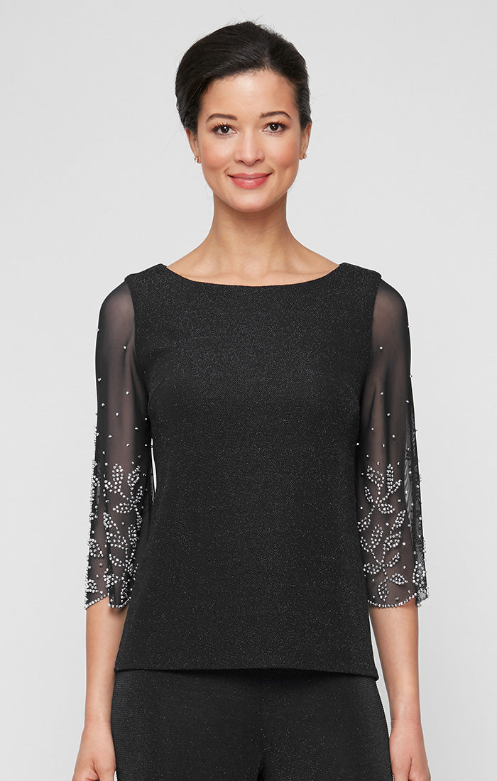 Plus 3/4 Sleeve Metallic Knit Blouse With Illusion Heat Set Sleeves