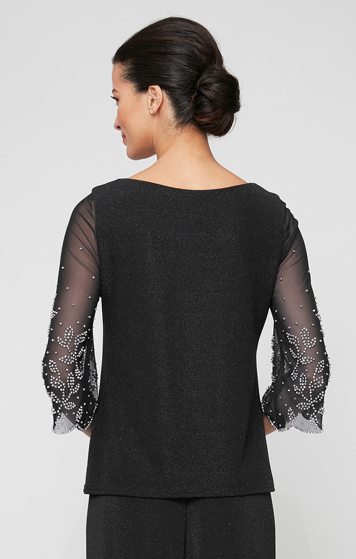 Plus 3/4 Sleeve Metallic Knit Blouse With Illusion Heat Set Sleeves