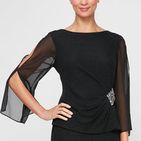 3/4 Sleeve Blouse with Beaded Detail at Hip and Illusion Sleeves